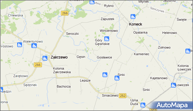 mapa Gosławice gmina Zakrzewo, Gosławice gmina Zakrzewo na mapie Targeo
