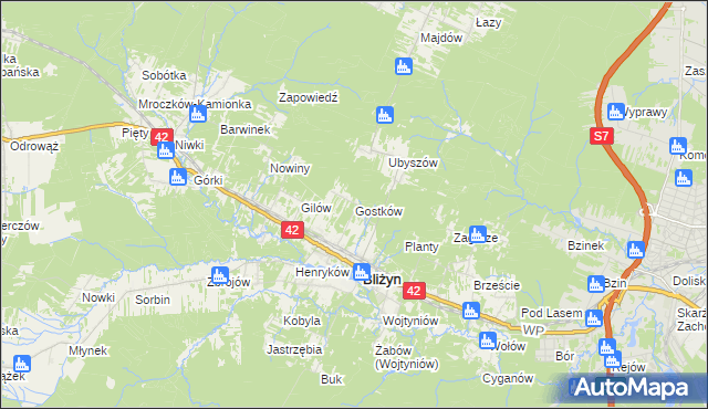 mapa Gostków gmina Bliżyn, Gostków gmina Bliżyn na mapie Targeo