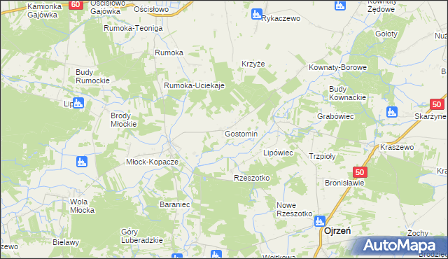 mapa Gostomin gmina Ojrzeń, Gostomin gmina Ojrzeń na mapie Targeo