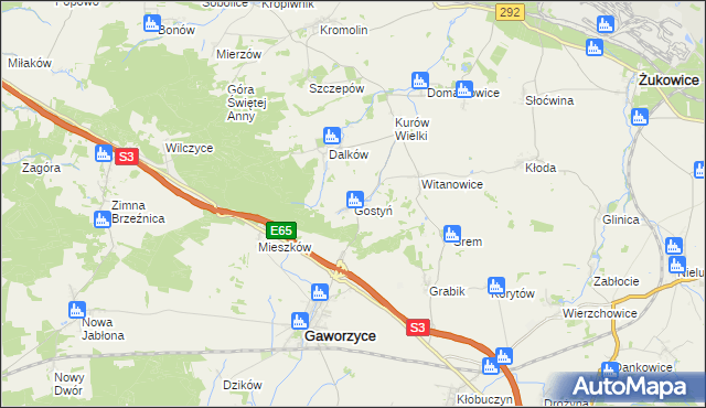 mapa Gostyń gmina Gaworzyce, Gostyń gmina Gaworzyce na mapie Targeo