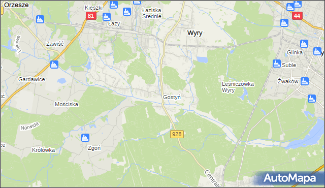 mapa Gostyń gmina Wyry, Gostyń gmina Wyry na mapie Targeo