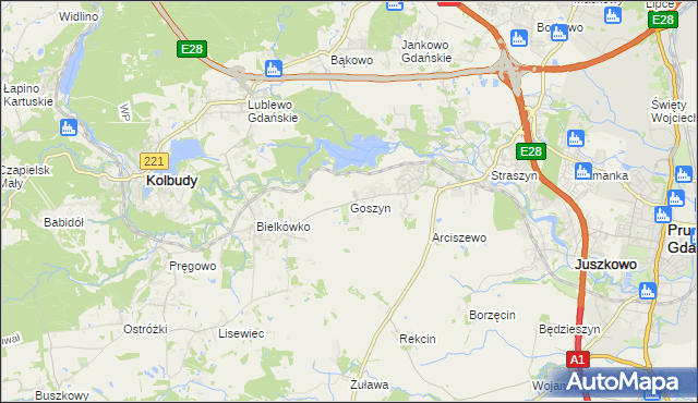 mapa Goszyn gmina Pruszcz Gdański, Goszyn gmina Pruszcz Gdański na mapie Targeo