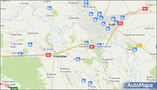 mapa Gozdów gmina Kościelec, Gozdów gmina Kościelec na mapie Targeo