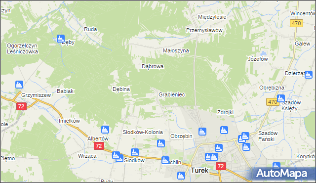 mapa Grabieniec gmina Turek, Grabieniec gmina Turek na mapie Targeo