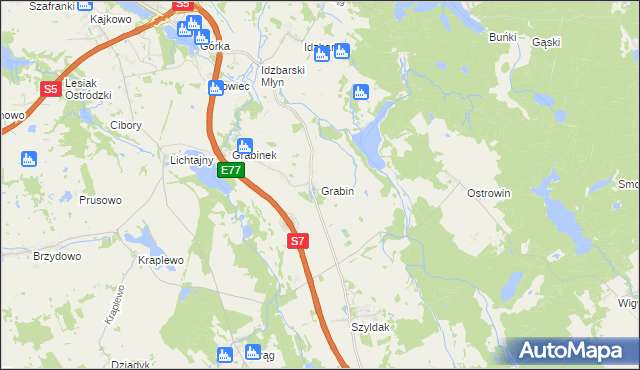 mapa Grabin gmina Ostróda, Grabin gmina Ostróda na mapie Targeo