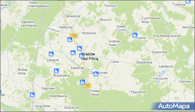 mapa Grabina gmina Grabów nad Pilicą, Grabina gmina Grabów nad Pilicą na mapie Targeo