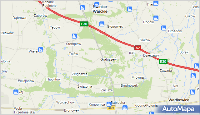 mapa Grabiszew gmina Wartkowice, Grabiszew gmina Wartkowice na mapie Targeo