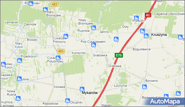 mapa Grabówka gmina Mykanów, Grabówka gmina Mykanów na mapie Targeo