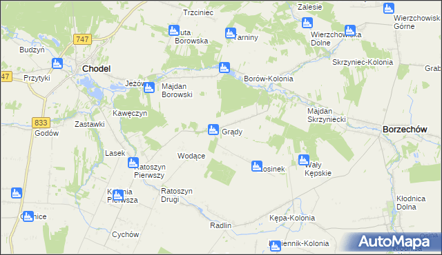 mapa Grądy gmina Chodel, Grądy gmina Chodel na mapie Targeo