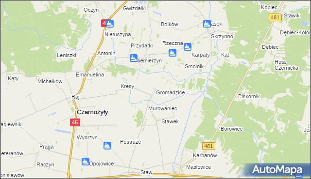 mapa Gromadzice gmina Czarnożyły, Gromadzice gmina Czarnożyły na mapie Targeo