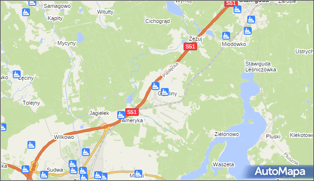 mapa Gryźliny gmina Stawiguda, Gryźliny gmina Stawiguda na mapie Targeo