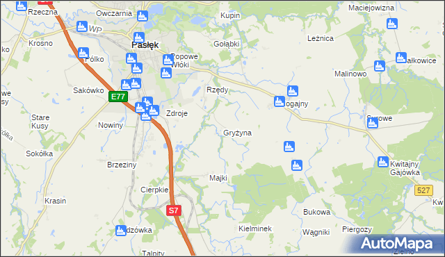 mapa Gryżyna gmina Pasłęk, Gryżyna gmina Pasłęk na mapie Targeo