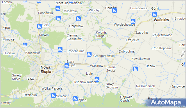 mapa Grzegorzowice gmina Waśniów, Grzegorzowice gmina Waśniów na mapie Targeo