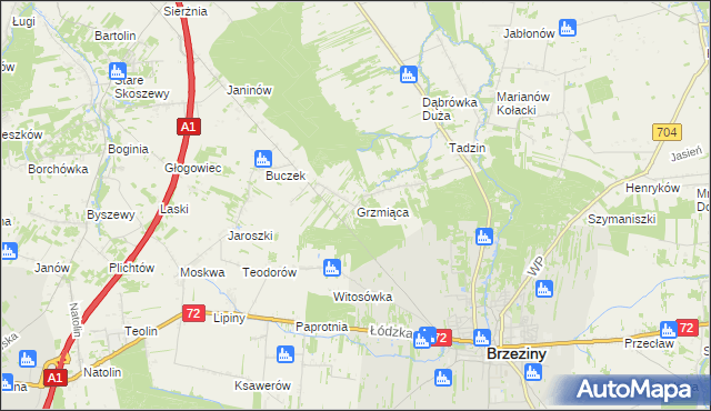mapa Grzmiąca gmina Brzeziny, Grzmiąca gmina Brzeziny na mapie Targeo