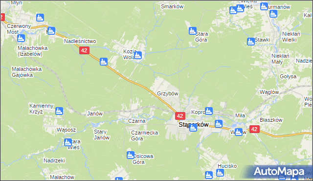 mapa Grzybów gmina Stąporków, Grzybów gmina Stąporków na mapie Targeo