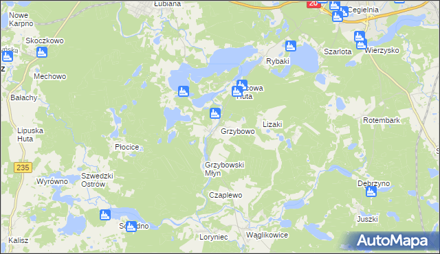 mapa Grzybowo gmina Kościerzyna, Grzybowo gmina Kościerzyna na mapie Targeo