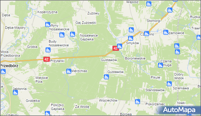 mapa Gustawów gmina Przedbórz, Gustawów gmina Przedbórz na mapie Targeo