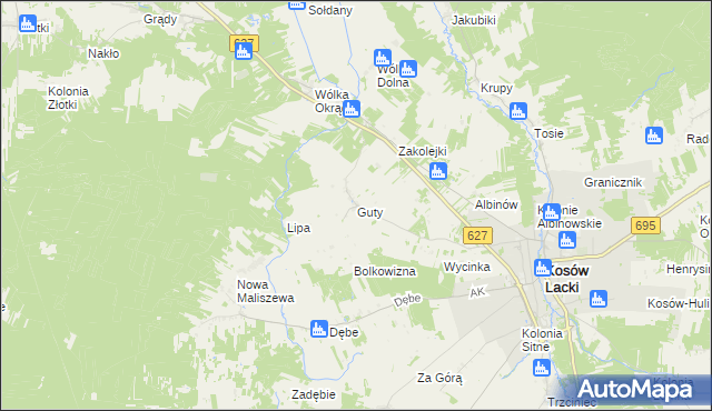 mapa Guty gmina Kosów Lacki, Guty gmina Kosów Lacki na mapie Targeo