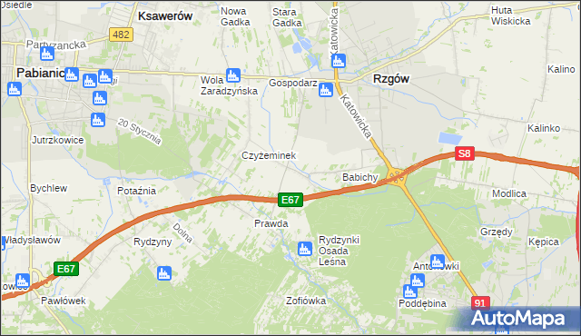 mapa Guzew gmina Rzgów, Guzew gmina Rzgów na mapie Targeo