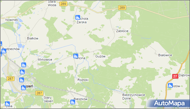 mapa Guzów gmina Jasień, Guzów gmina Jasień na mapie Targeo