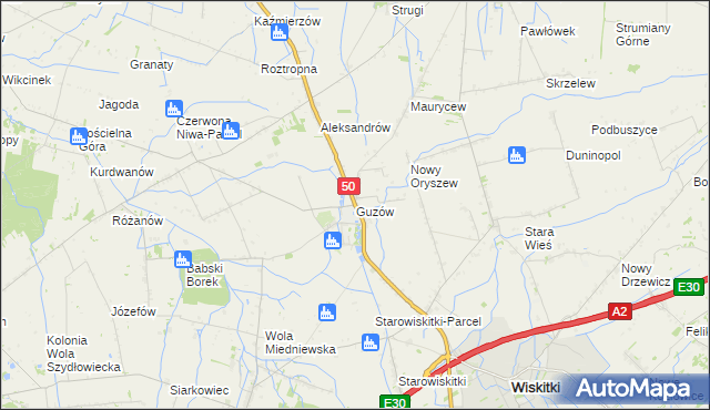 mapa Guzów gmina Wiskitki, Guzów gmina Wiskitki na mapie Targeo