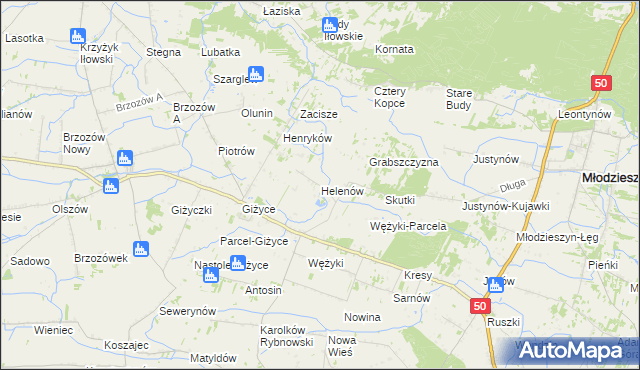 mapa Helenów gmina Młodzieszyn, Helenów gmina Młodzieszyn na mapie Targeo