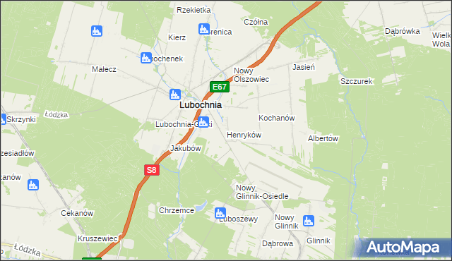 mapa Henryków gmina Lubochnia, Henryków gmina Lubochnia na mapie Targeo