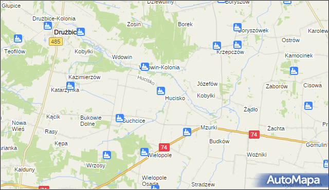 mapa Hucisko gmina Drużbice, Hucisko gmina Drużbice na mapie Targeo