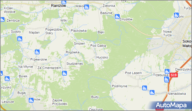 mapa Hucisko gmina Głogów Małopolski, Hucisko gmina Głogów Małopolski na mapie Targeo