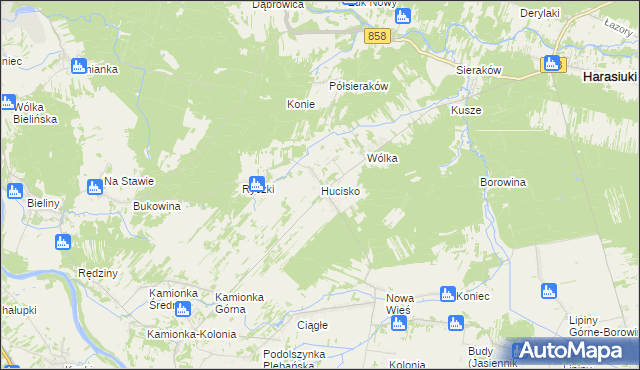 mapa Hucisko gmina Harasiuki, Hucisko gmina Harasiuki na mapie Targeo