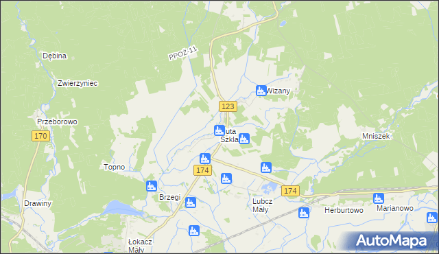 mapa Huta Szklana gmina Krzyż Wielkopolski, Huta Szklana gmina Krzyż Wielkopolski na mapie Targeo