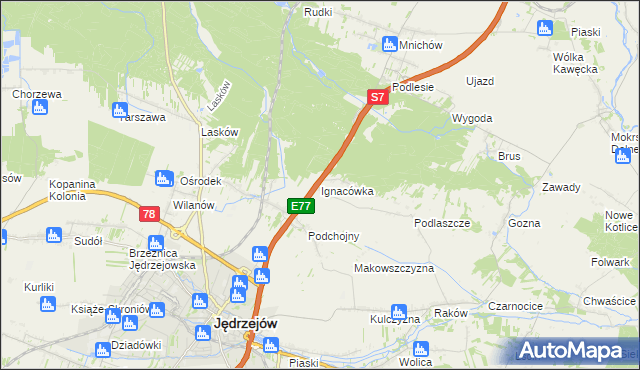 mapa Ignacówka gmina Jędrzejów, Ignacówka gmina Jędrzejów na mapie Targeo