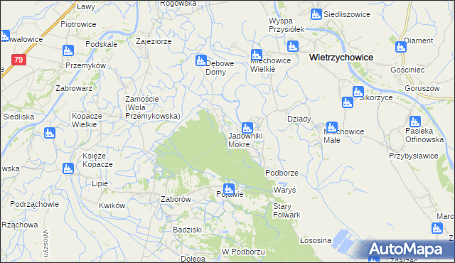 mapa Jadowniki Mokre gmina Wietrzychowice, Jadowniki Mokre gmina Wietrzychowice na mapie Targeo