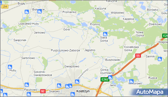 mapa Jagodno gmina Kostrzyn, Jagodno gmina Kostrzyn na mapie Targeo