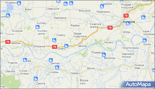 mapa Jaksice gmina Koszyce, Jaksice gmina Koszyce na mapie Targeo
