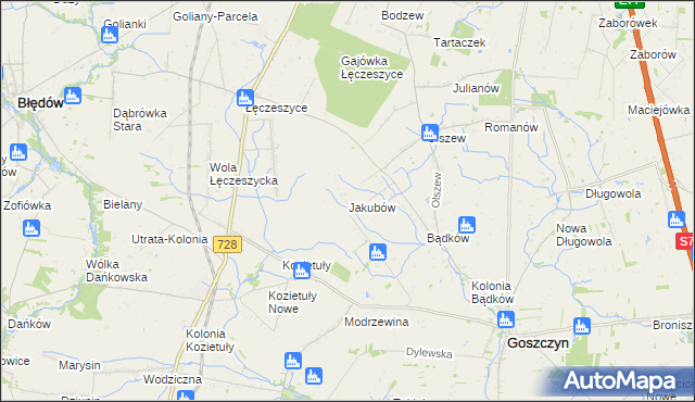 mapa Jakubów gmina Goszczyn, Jakubów gmina Goszczyn na mapie Targeo