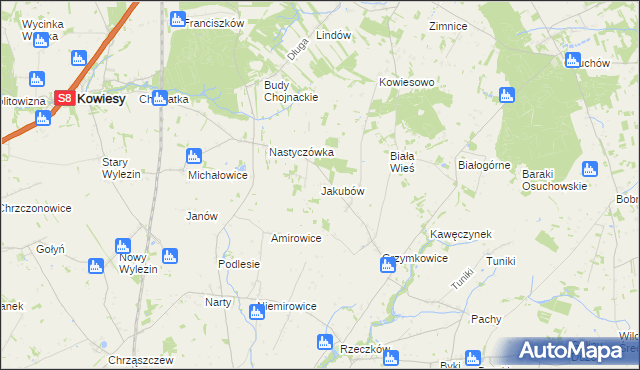 mapa Jakubów gmina Kowiesy, Jakubów gmina Kowiesy na mapie Targeo