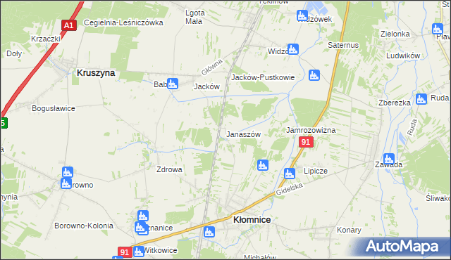 mapa Janaszów gmina Kłomnice, Janaszów gmina Kłomnice na mapie Targeo