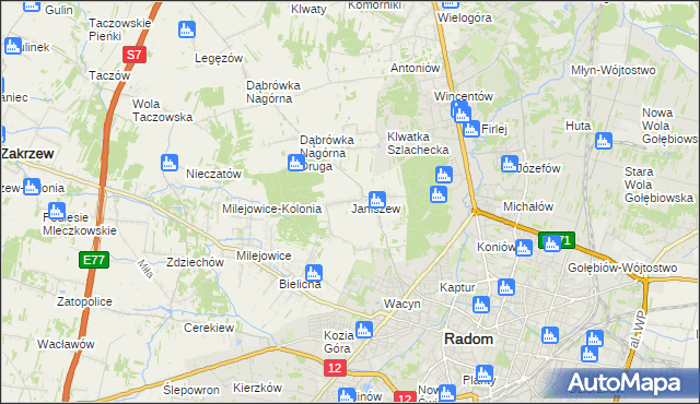 mapa Janiszew gmina Zakrzew, Janiszew gmina Zakrzew na mapie Targeo