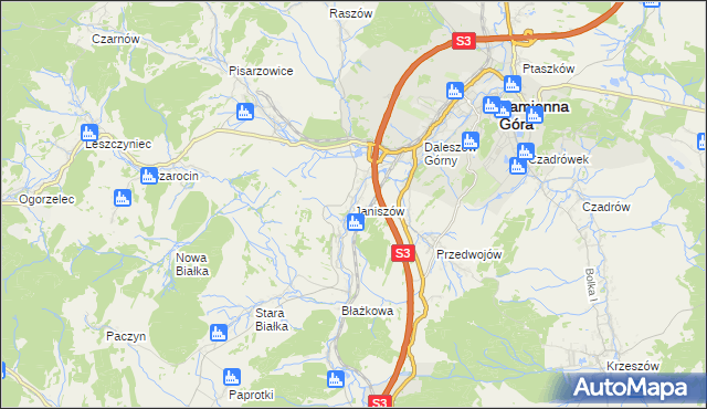 mapa Janiszów gmina Kamienna Góra, Janiszów gmina Kamienna Góra na mapie Targeo