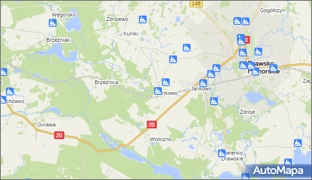 mapa Jankowo gmina Drawsko Pomorskie, Jankowo gmina Drawsko Pomorskie na mapie Targeo