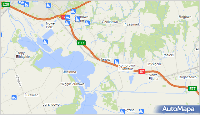 mapa Janów gmina Elbląg, Janów gmina Elbląg na mapie Targeo