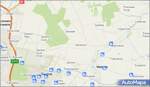 mapa Janowice gmina Mełgiew, Janowice gmina Mełgiew na mapie Targeo