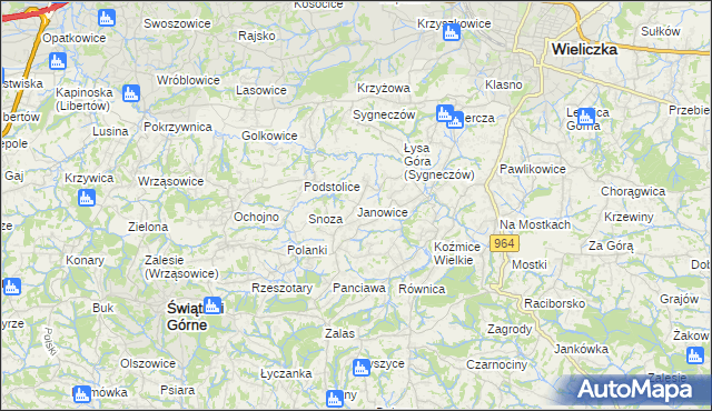 mapa Janowice gmina Wieliczka, Janowice gmina Wieliczka na mapie Targeo