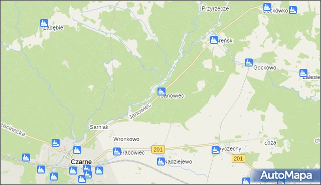 mapa Janowiec gmina Czarne, Janowiec gmina Czarne na mapie Targeo