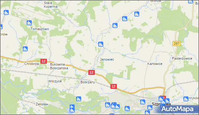 mapa Janowiec gmina Małomice, Janowiec gmina Małomice na mapie Targeo