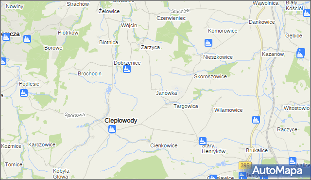 mapa Janówka gmina Ciepłowody, Janówka gmina Ciepłowody na mapie Targeo