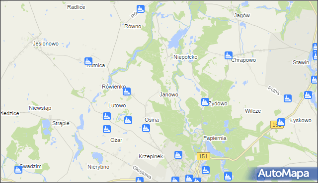 mapa Janowo gmina Barlinek, Janowo gmina Barlinek na mapie Targeo