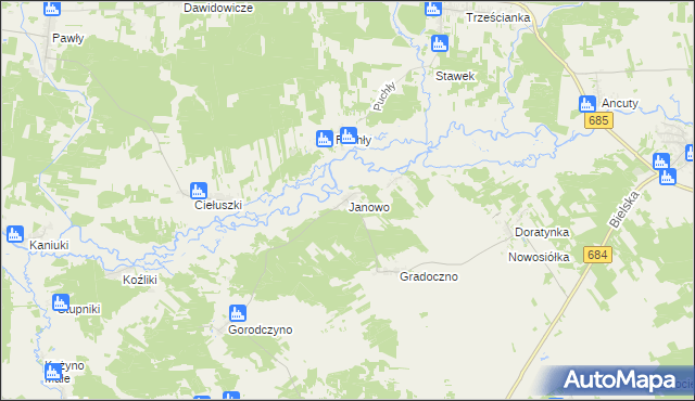 mapa Janowo gmina Narew, Janowo gmina Narew na mapie Targeo