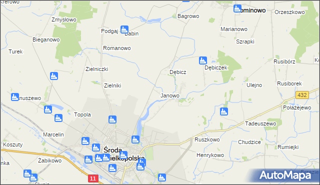 mapa Janowo gmina Środa Wielkopolska, Janowo gmina Środa Wielkopolska na mapie Targeo